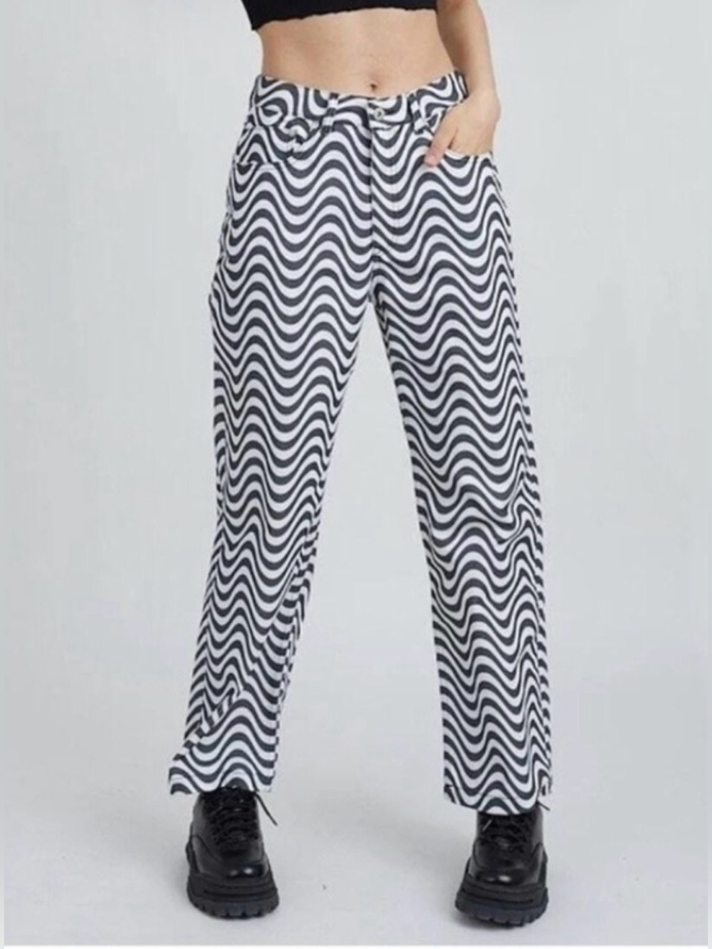 Ragged Black & silver Wave-Print Straight-Leg Pants  size 26 NWT inseam 29